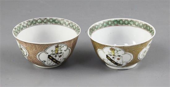 A pair of Chinese export armorial teabowls, Yongzheng period, diameter 7.2cm, both with tiny areas of damage